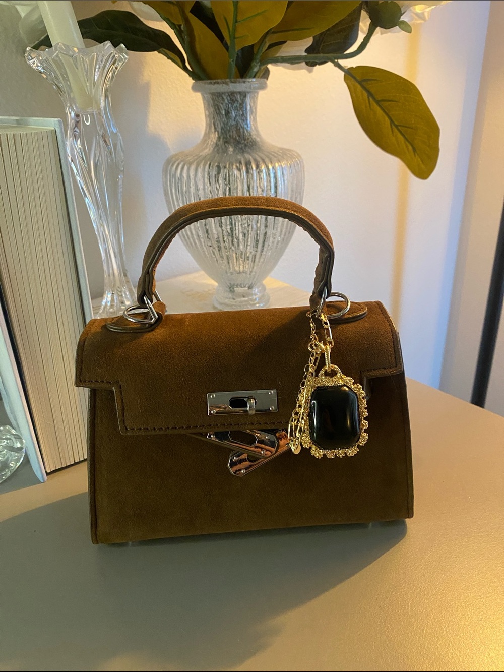 Classic Chocolate Brown Suede Top-Handle Bag w/created charm/NWOT